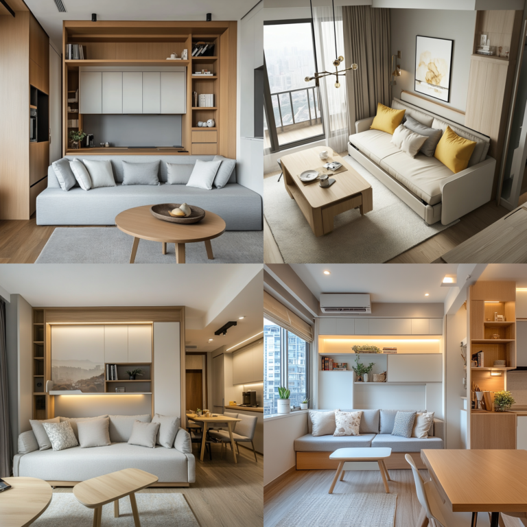 Multi-functional furniture in an apartment living room, including a sofa-bed and foldable dining table
