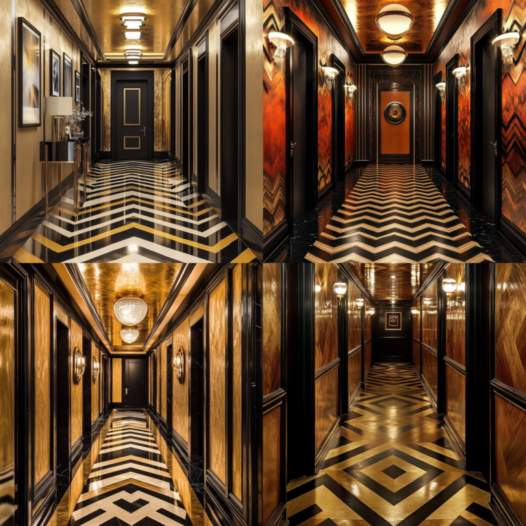 Art deco hallway with geometric patterns and luxurious black and gold chevron flooring