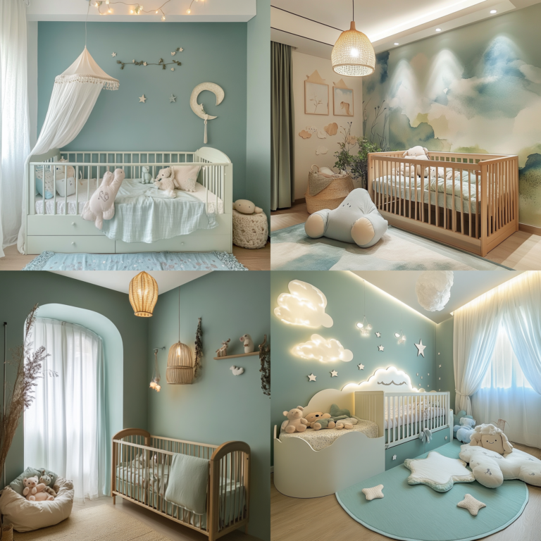 Soft pastel colors in a cozy baby bedroom with a crib and calming ambiance
