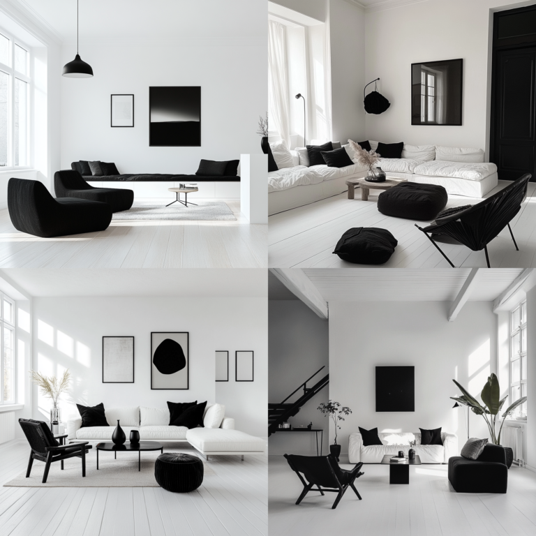 Black and white minimalist living room with Scandinavian-inspired furniture and cozy monochrome textures