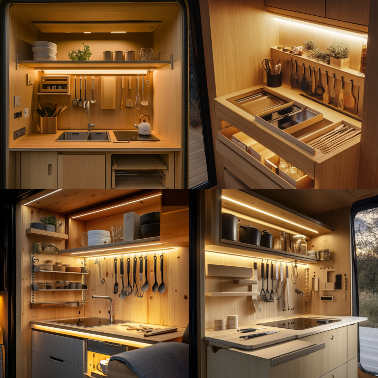 Tiny house kitchen with foldable kitchen tools and space-saving organization