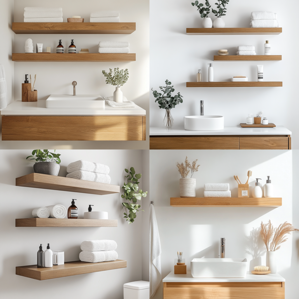 Floating shelves in a modern bathroom with neatly arranged bathroom essentials
