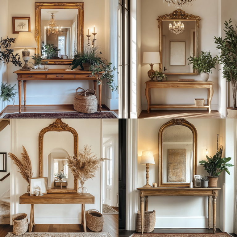 Foyer area entry wall design featuring a large mirror and elegant console