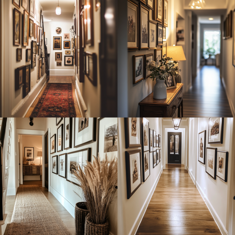 Family photo gallery wall in a hallway with mixed frame styles