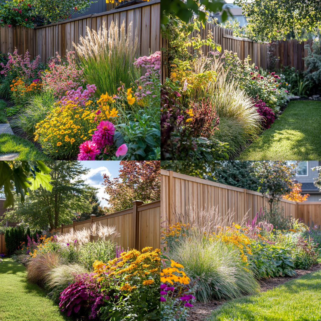 Layered landscaping around fence with ornamental grass and colorful perennials