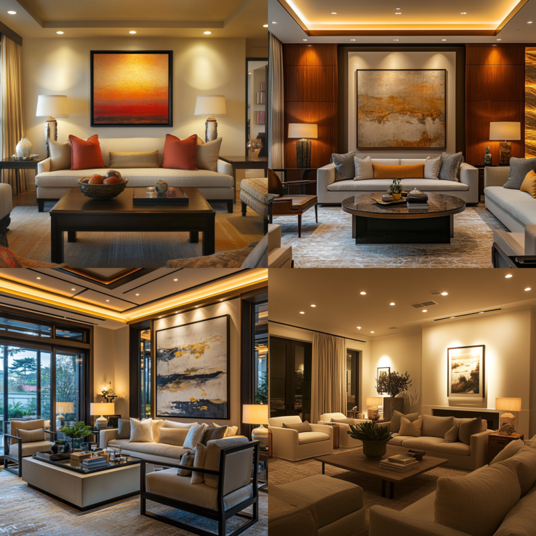 Living room with layered lighting design featuring recessed lights, table lamps, and accent wall sconces