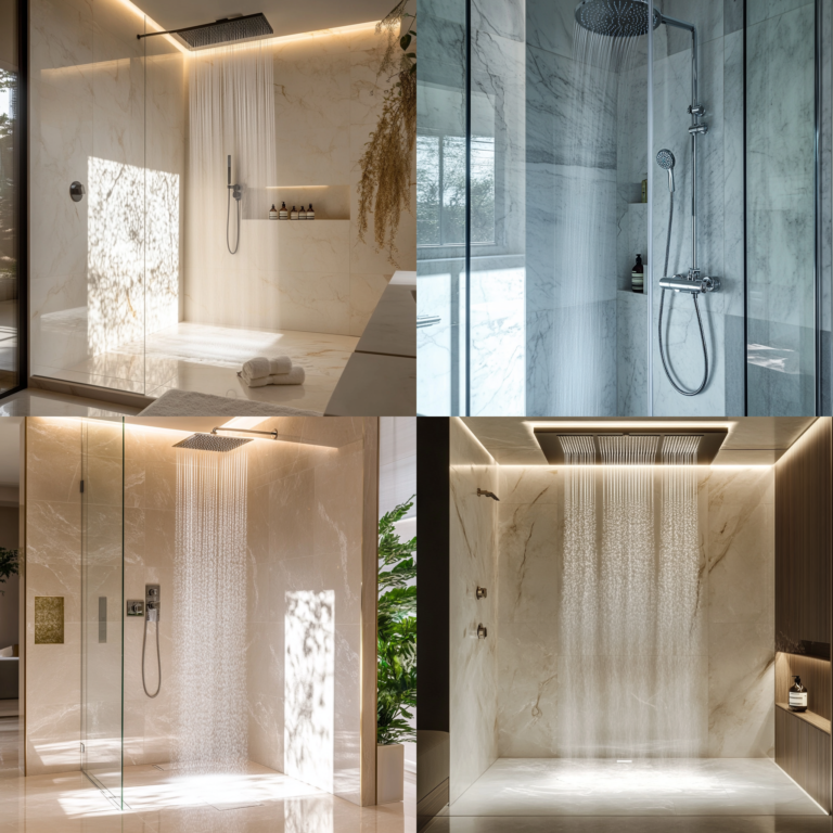 Frameless glass bathroom shower with marble tiles and rainfall showerhead