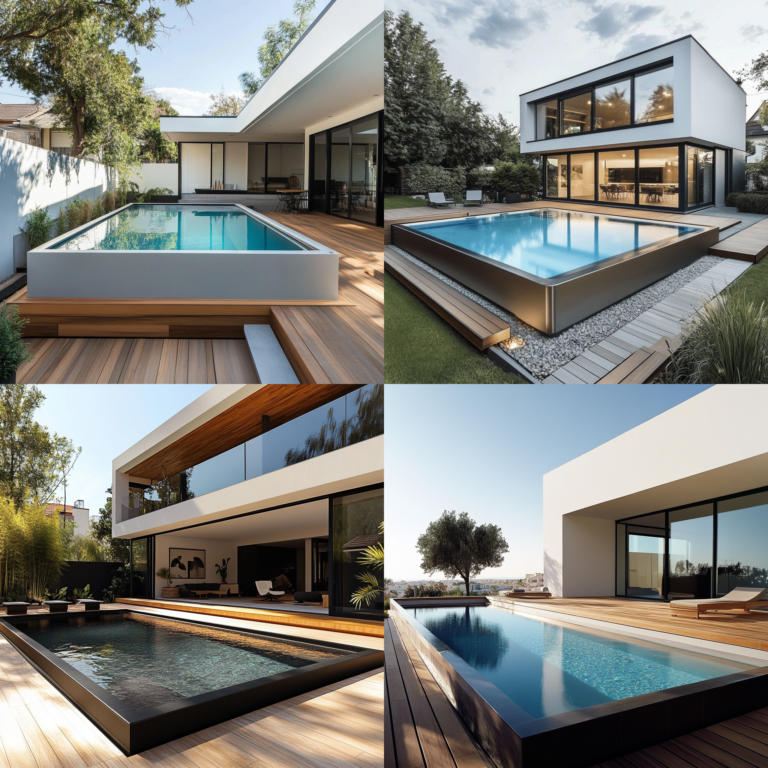 Modern above-ground pool with a sleek design surrounded by a wooden composite deck