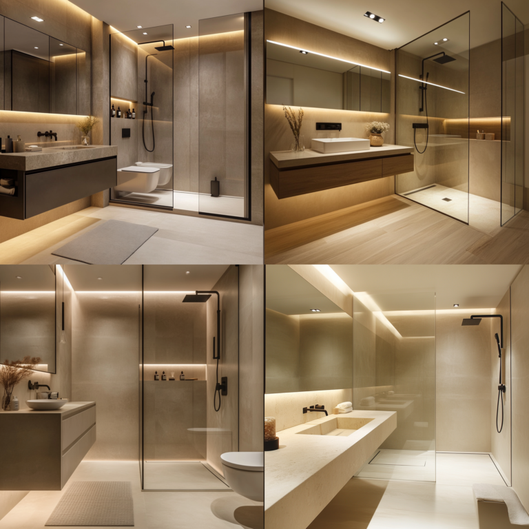 Minimalist design in a basement bathroom with floating vanity and glass walk-in shower