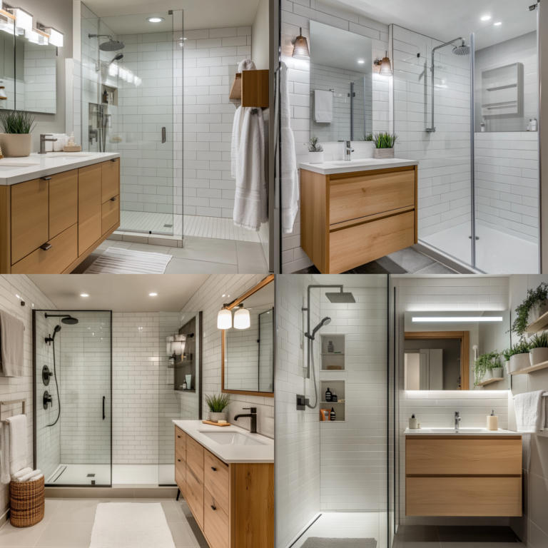 Bright and modern basement bathroom remodel with white tiles and wood vanity