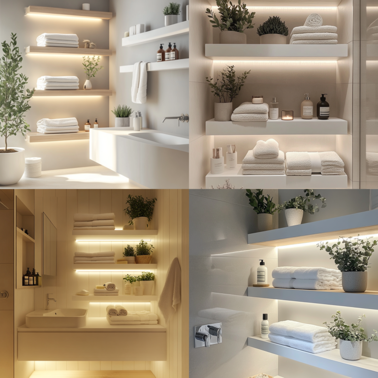 Minimal floating wooden shelves in a modern bathroom with small plants and towels