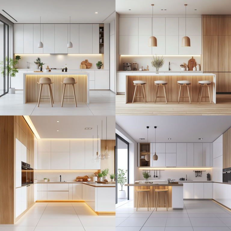 Timeless white kitchen design with natural wooden accents and soft lighting