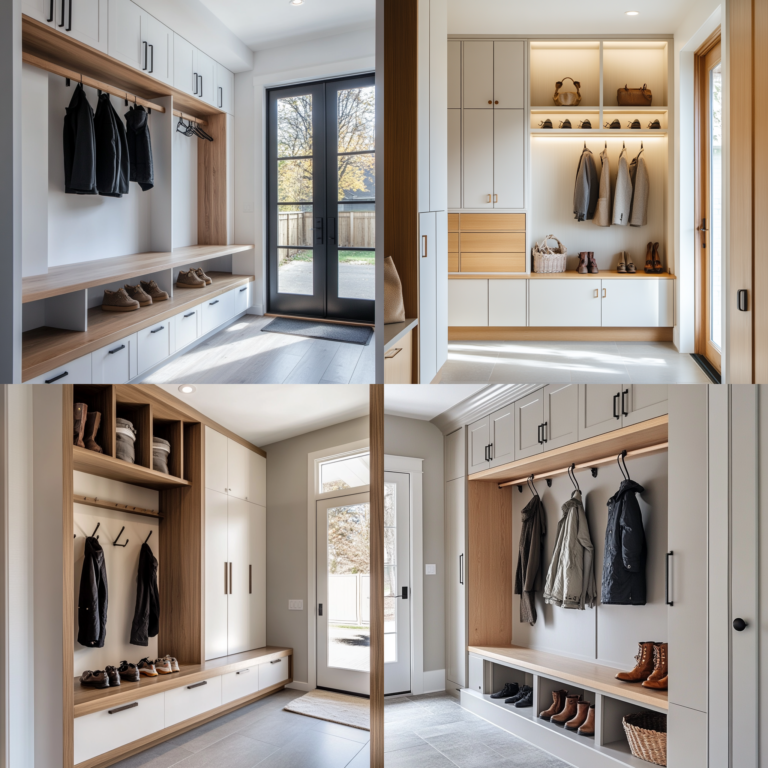 Mudroom with built-in storage, cubbies, and hooks for an organized entryway