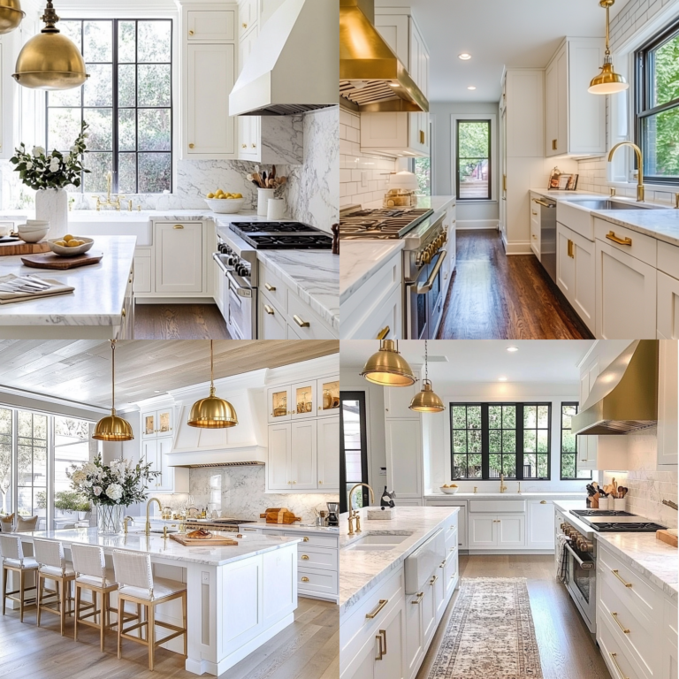 Modern traditional kitchen featuring white shaker cabinets and brass hardware