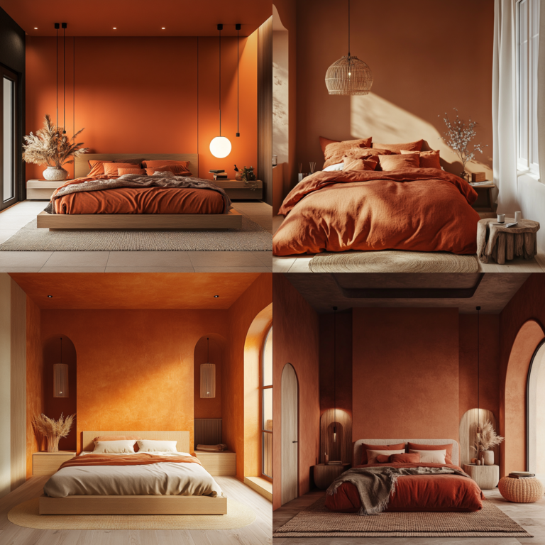 Cozy orange bedroom with terracotta walls and natural wooden furniture