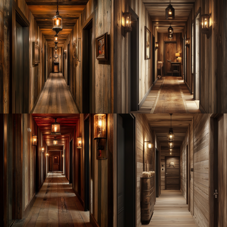Rustic hallway with natural wood flooring and vintage lighting