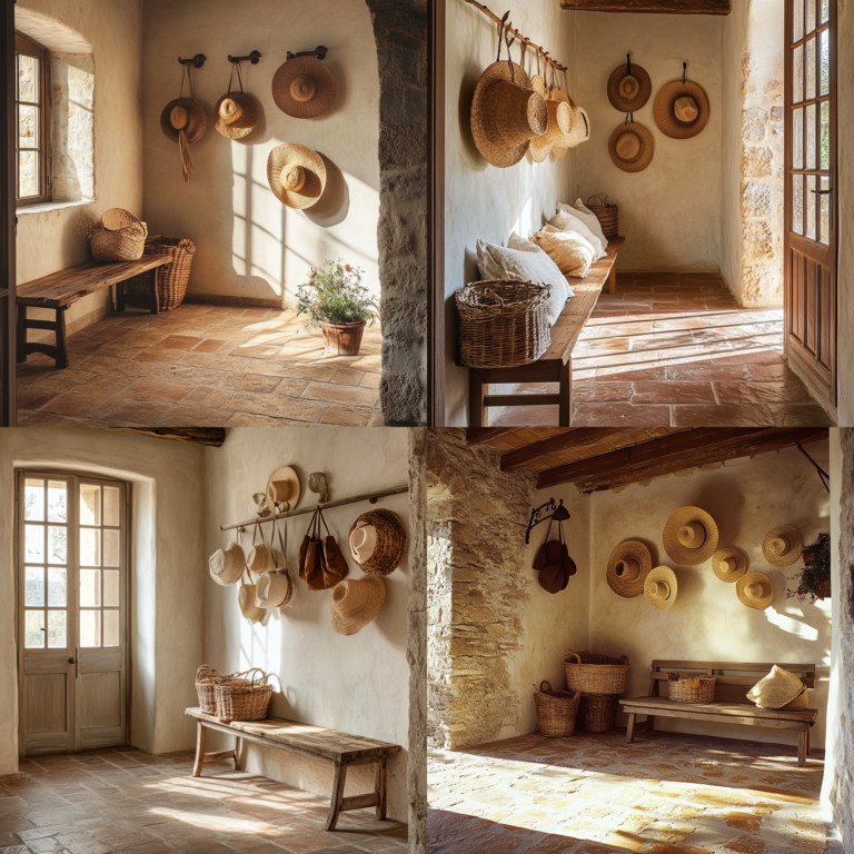 Rustic Italian mudroom with natural stone floor, wooden bench, and terracotta accents