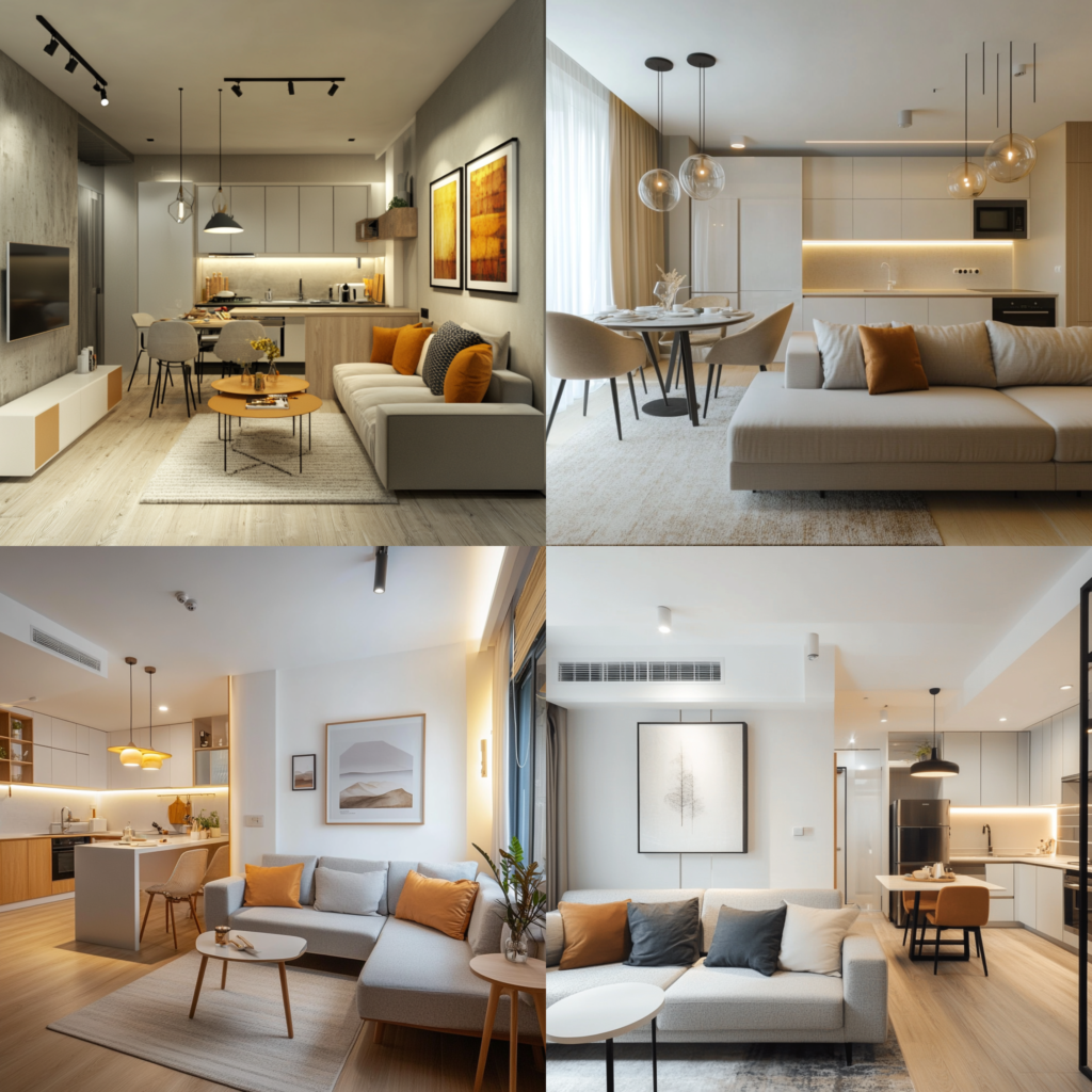 Open concept small apartment layout with living area, dining space, and kitchen