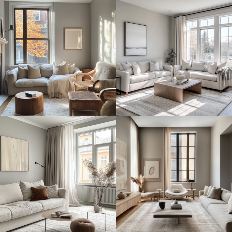 Small space living room with neutral tones, cozy furniture, and natural light