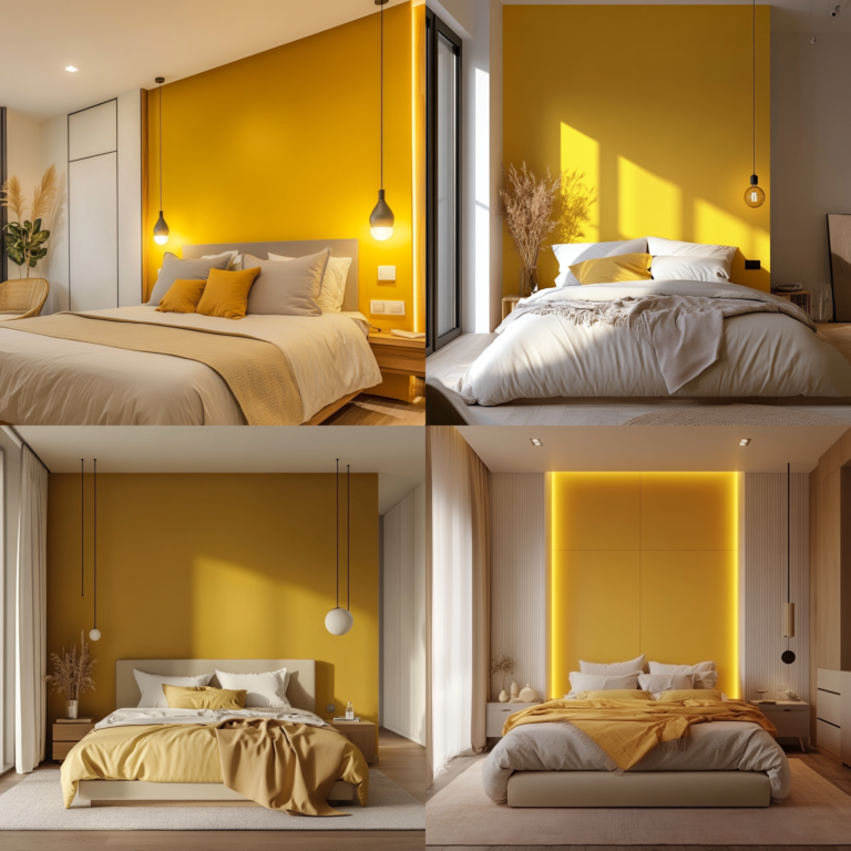 Yellow bedroom with mustard accent wall and minimalist furniture