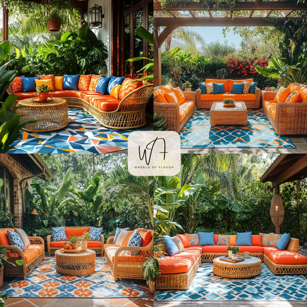 Vibrant summer patio decor 2025 with colorful cushions and geometric rug