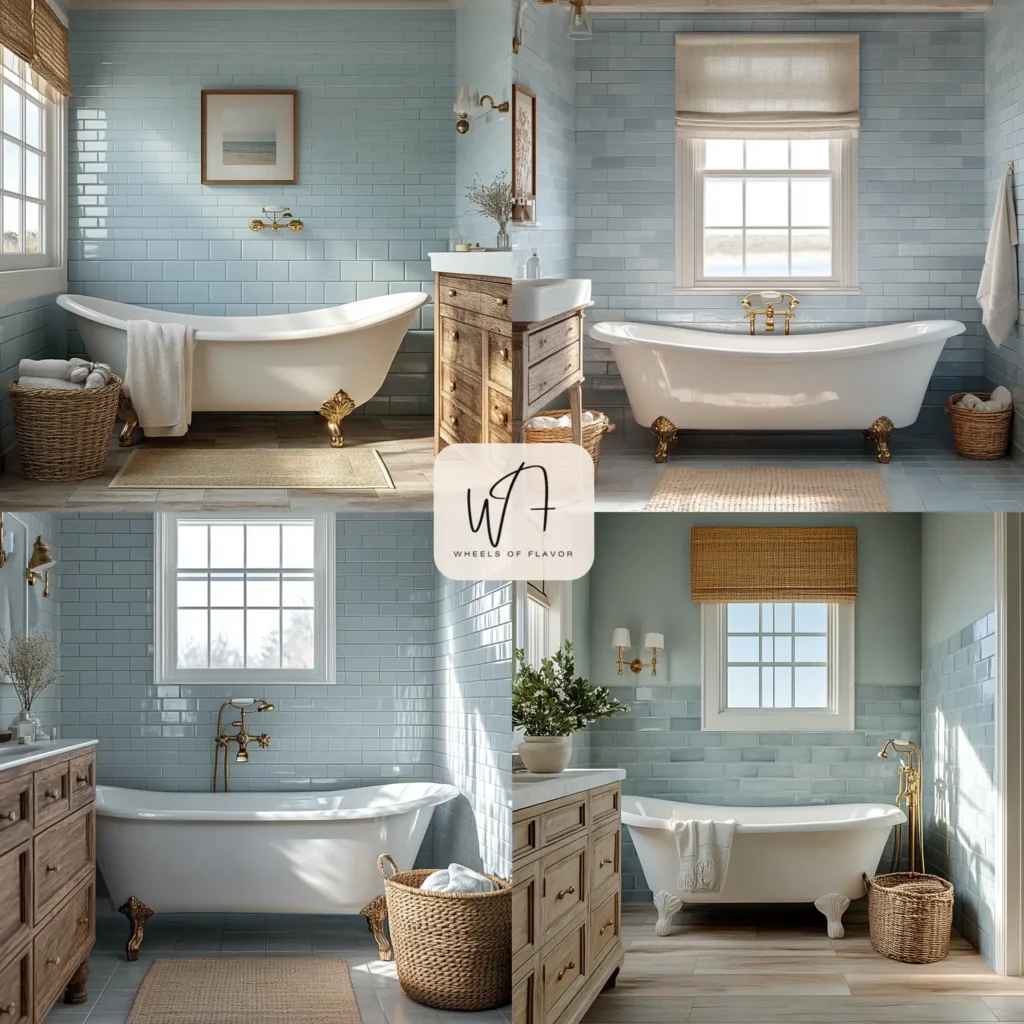 Classic seaside bathroom aesthetics with blue tiles and white tub