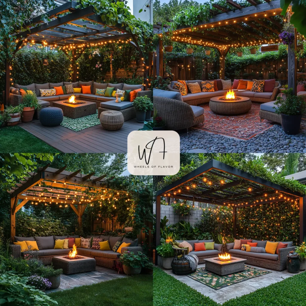Cozy outdoor living room with fire pit as part of backyard makeover ideas