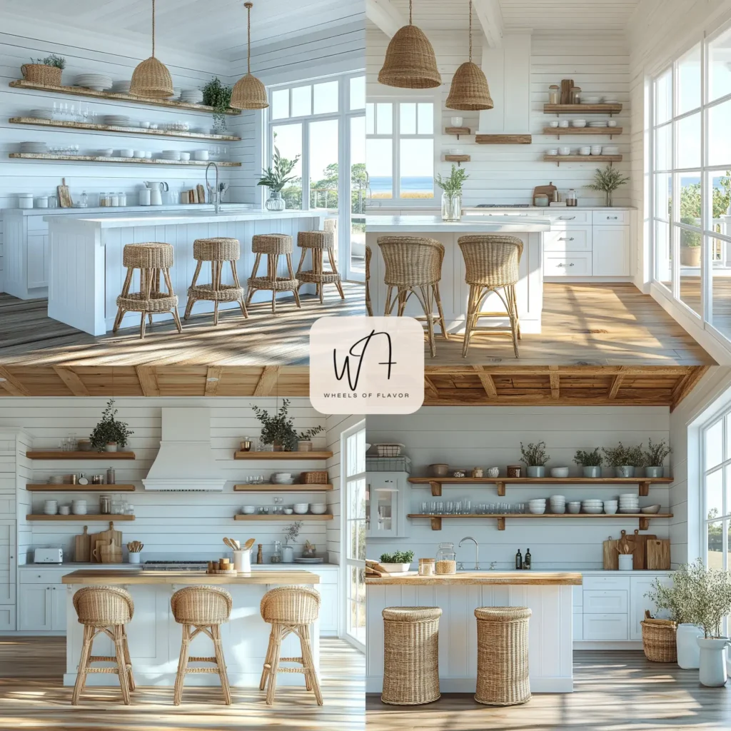 Coastal cottage kitchen charm with white cabinets and wicker accents