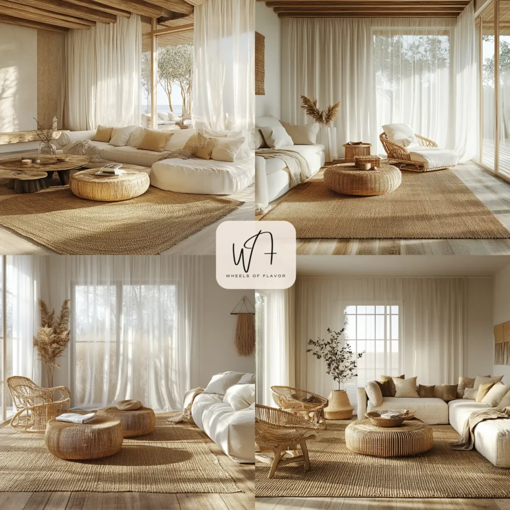 Sandy neutral airy coastal living spaces in a cozy living room