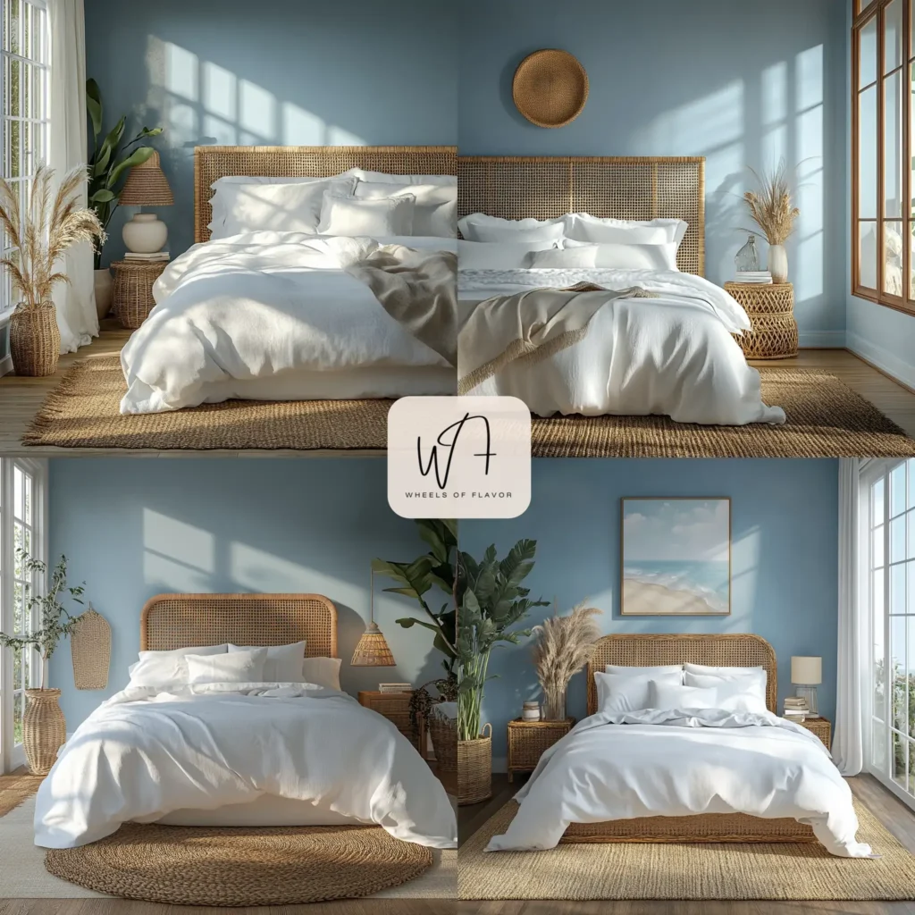 Coastal bedroom serenity with rattan headboard and soft blue walls