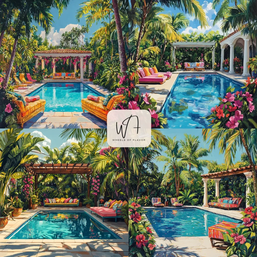 Tropical poolside decor ideas with lush greenery and colorful furniture