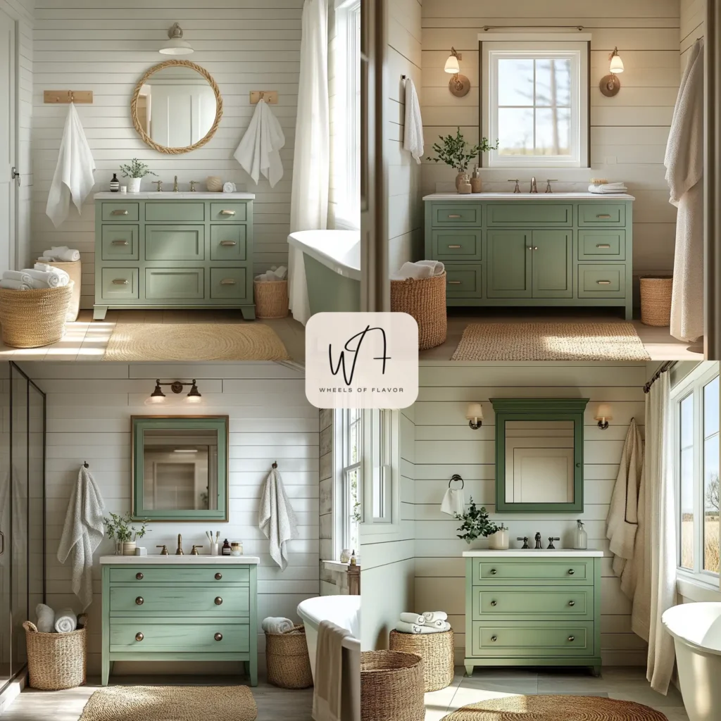 Seafoam green coastal-farmhouse bath vibes in a serene bathroom