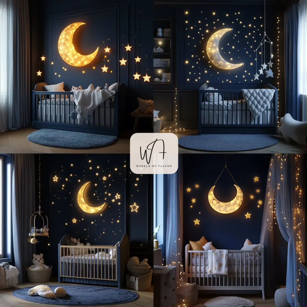 Celestial whimsical fantasy baby room with starry decor