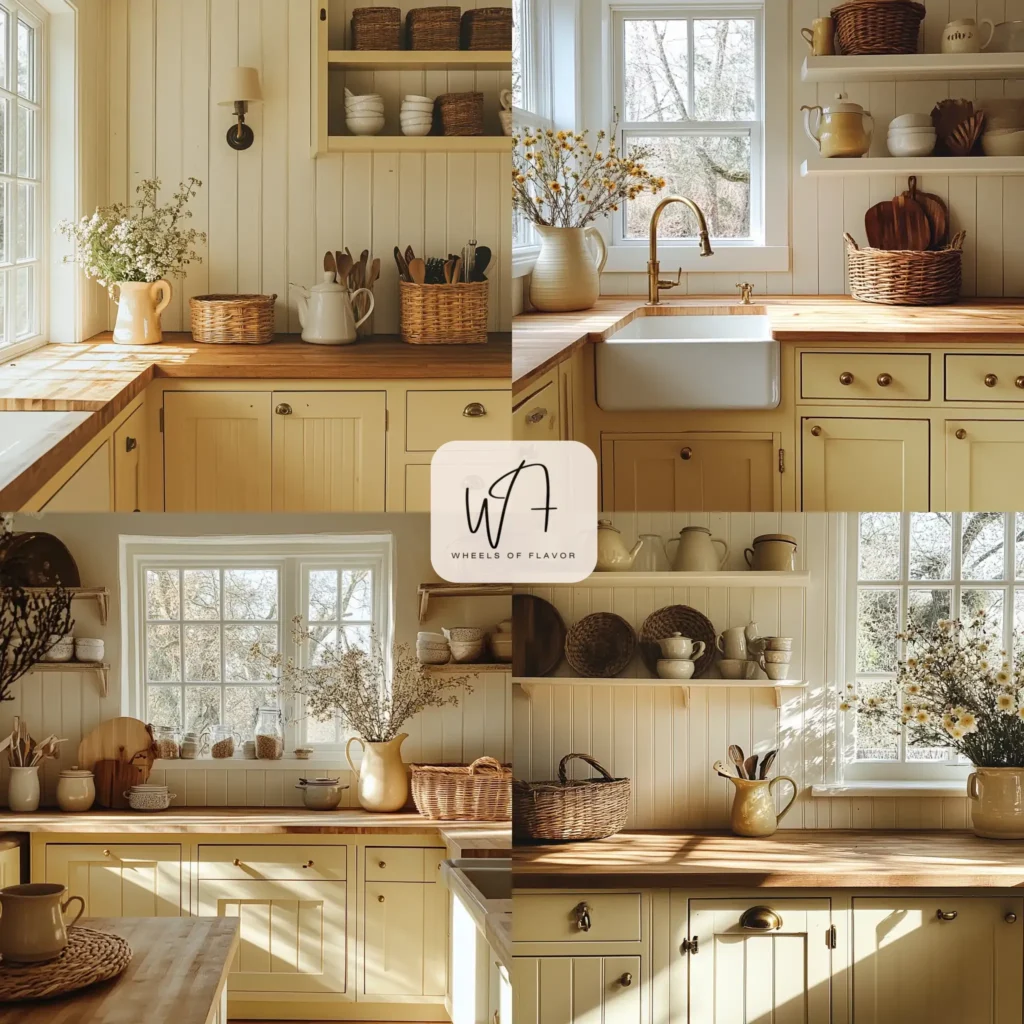 Cozy farmhouse kitchen featuring yellow kitchen cabinets