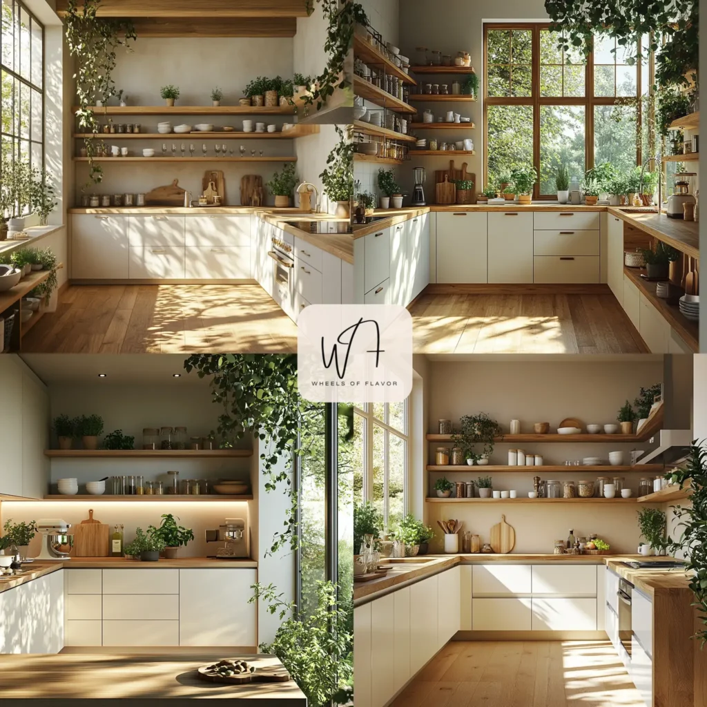 Off white kitchen cabinets with natural wood accents in a modern kitchen.