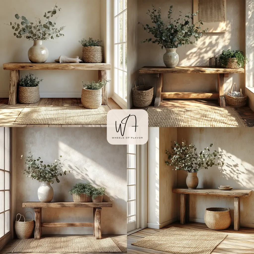 Outdoor-inspired entry decor featuring a wooden console table with potted plants and a woven rug.