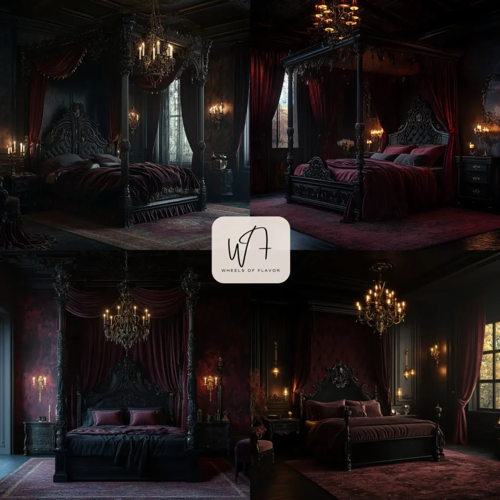 Dark Victorian bedroom with gothic chandelier and velvet textures