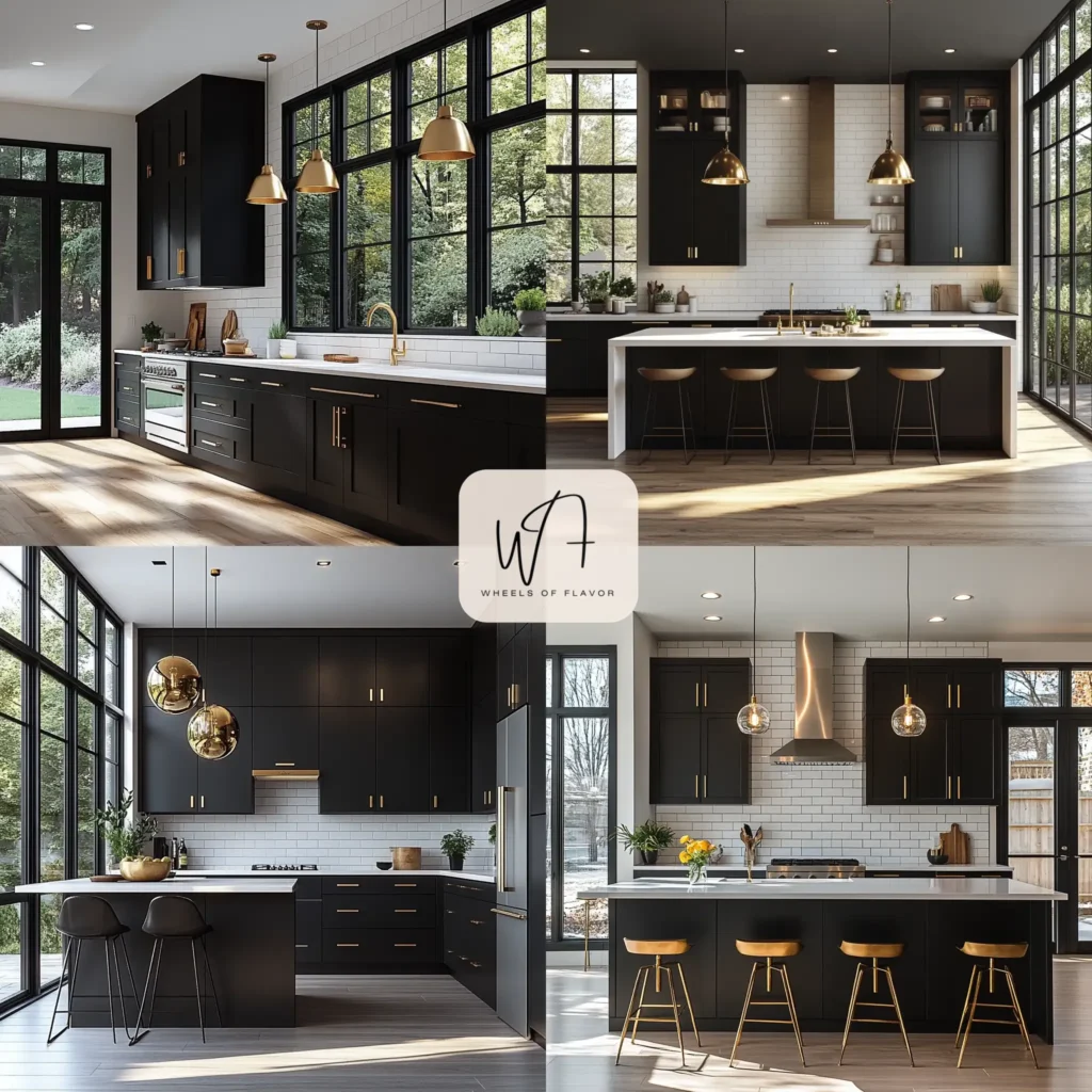 Modern minimalist black and mildly white kitchen with matte black cabinets and white countertops.