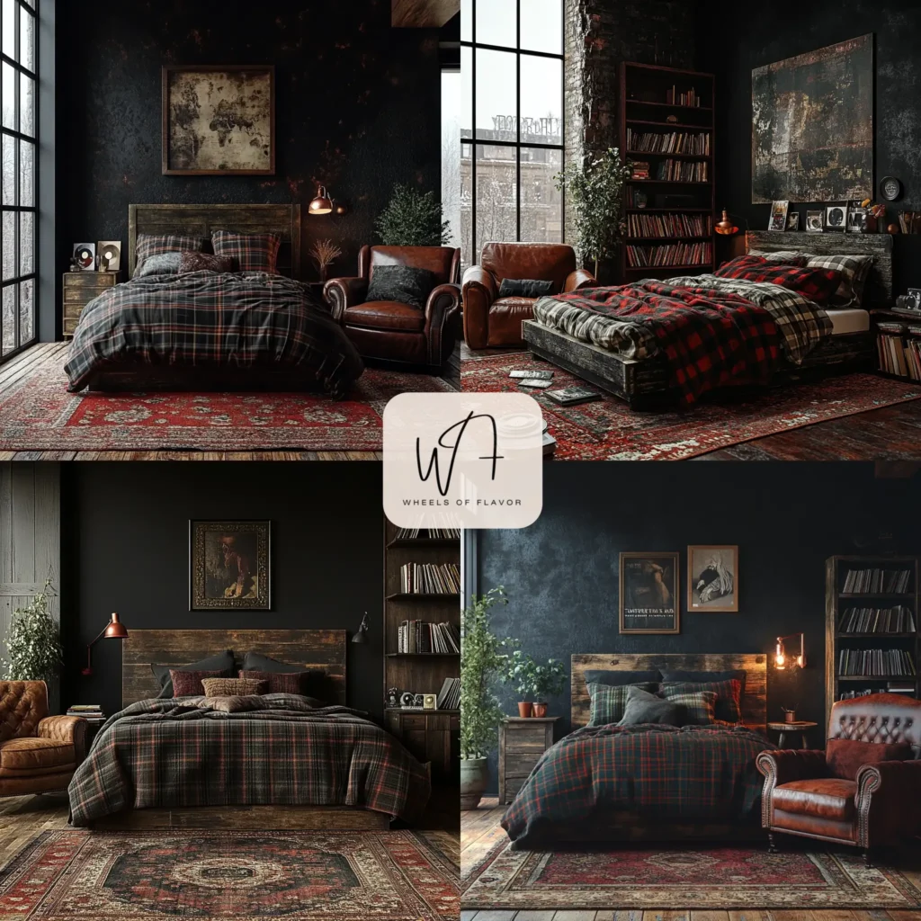 Cozy bedroom with edgy grunge room vibes featuring distressed furniture and moody colors