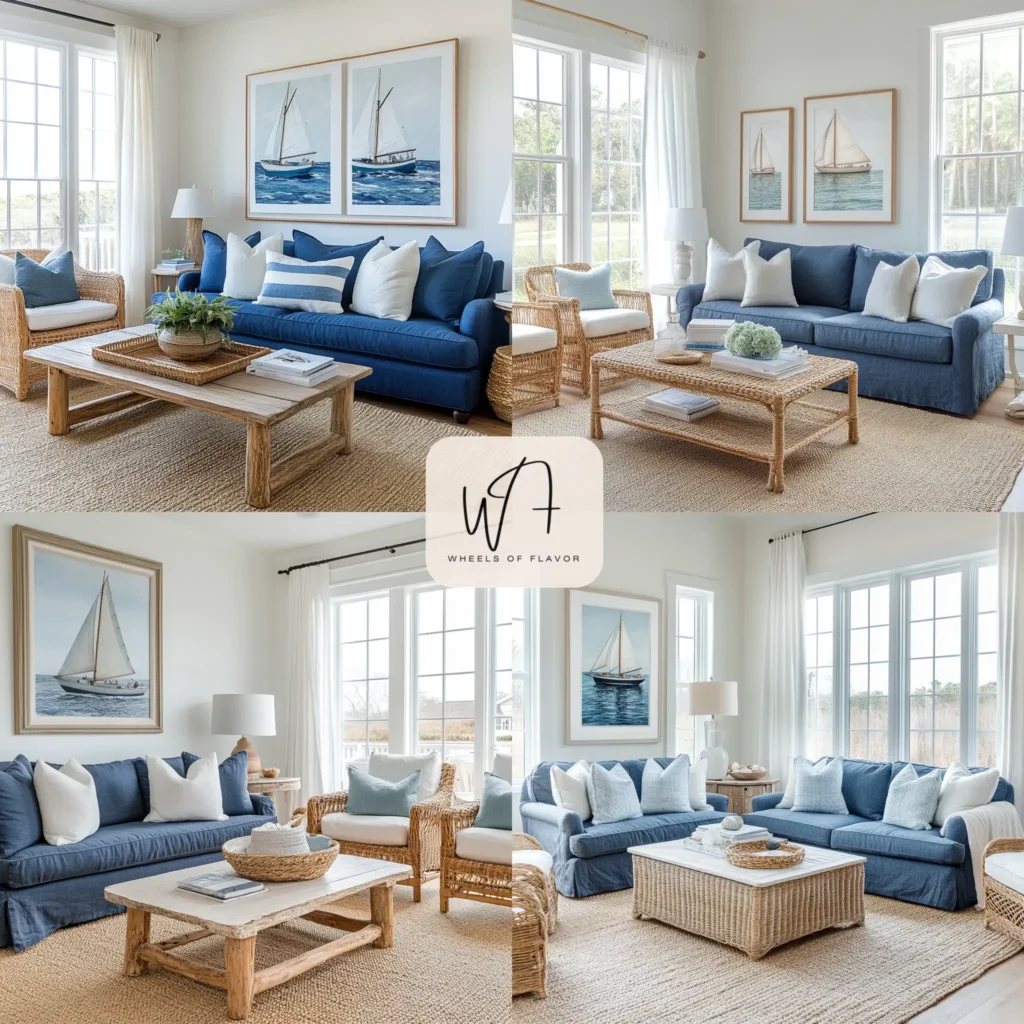 Nantucket-inspired coastal chic living room with navy and white decor