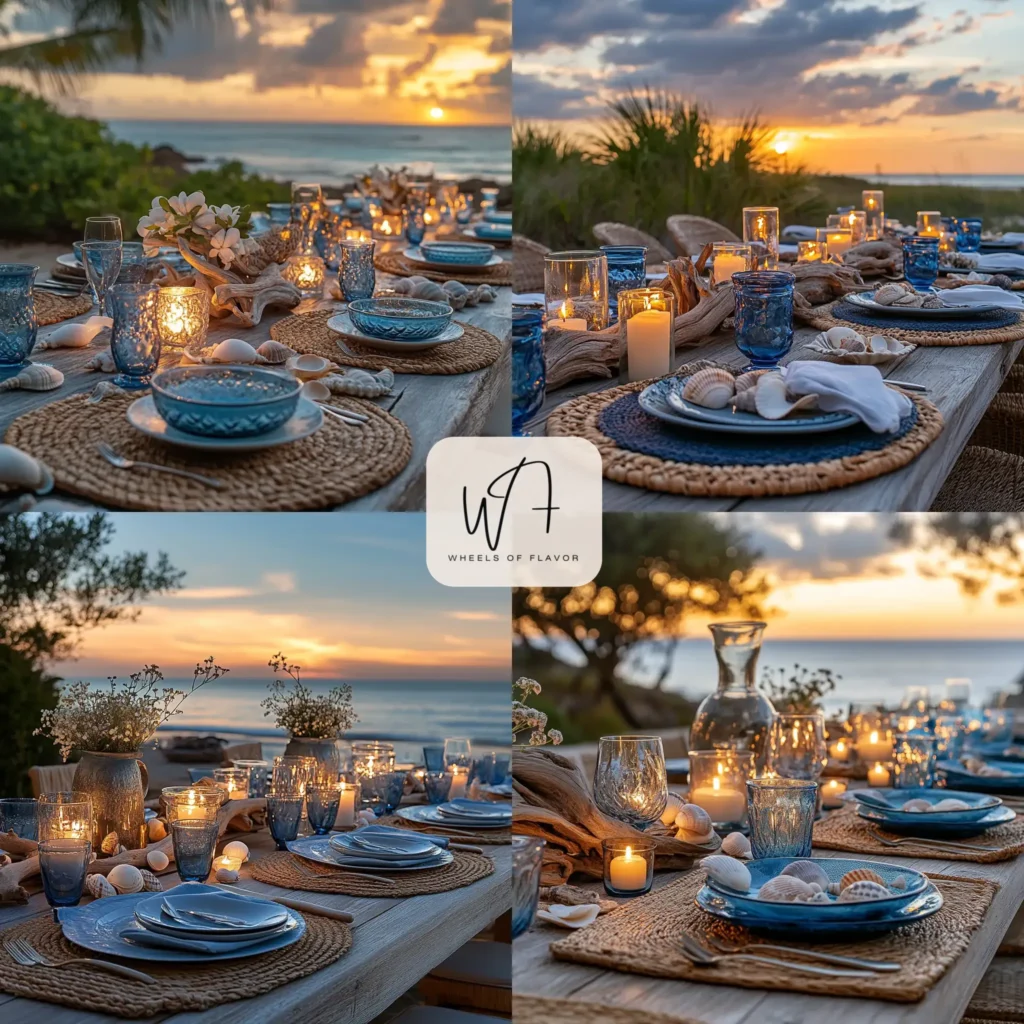 Coastal-inspired summer table decor for dinner parties with driftwood and seashell centerpiece
