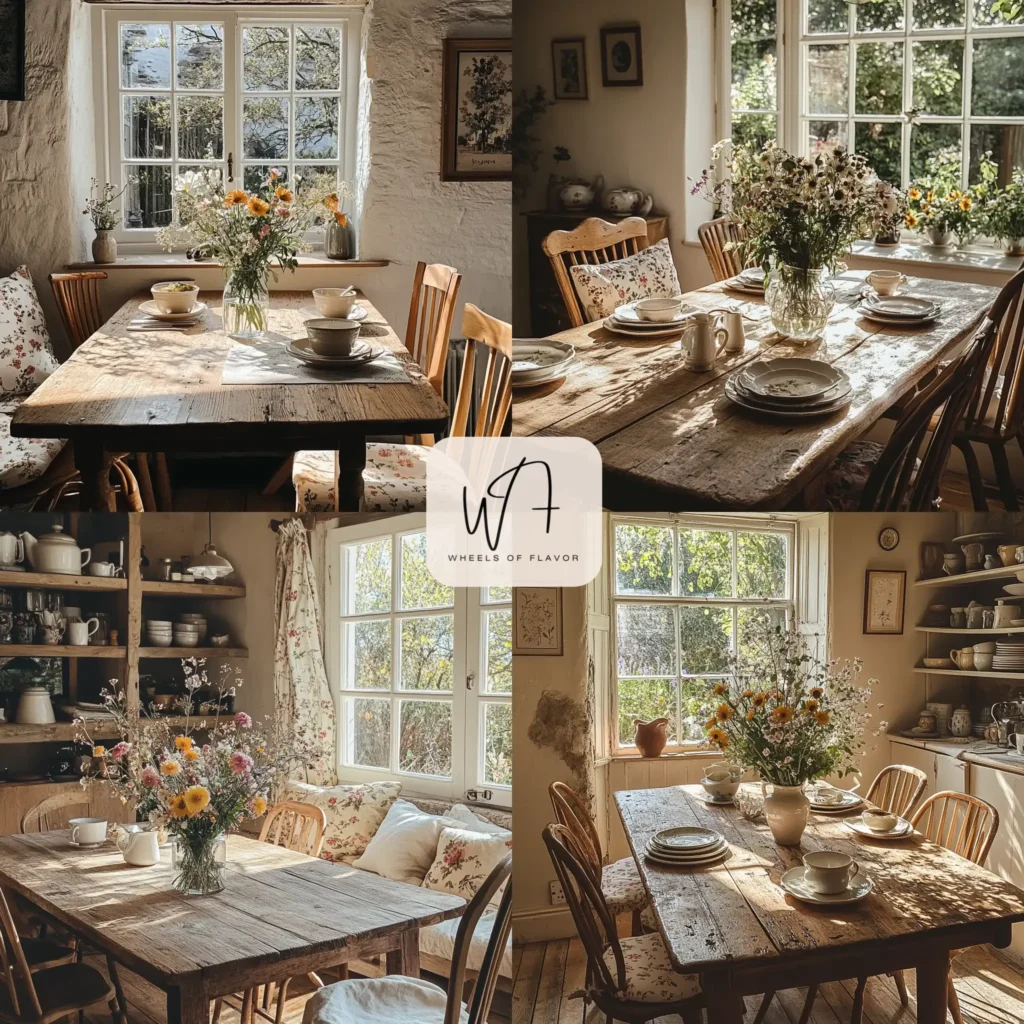 Cozy cottagecore dining room styling with rustic table and vintage chairs