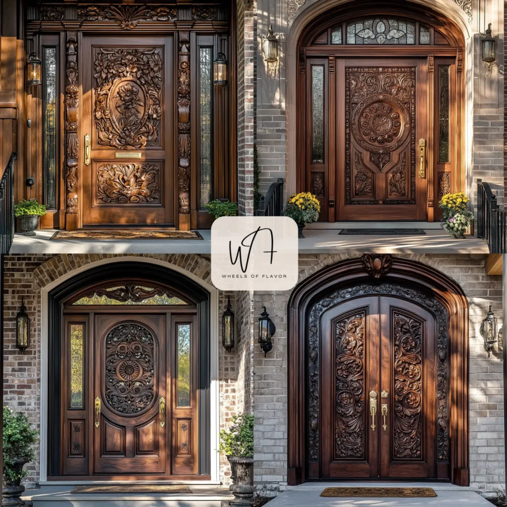 Classic carved Main Wooden Door Design with floral motifs