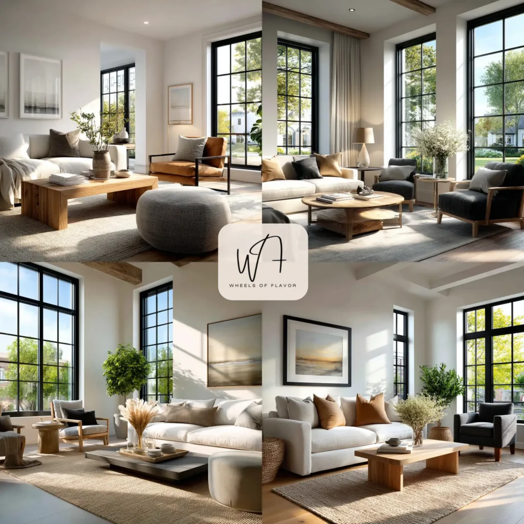 Modern living room showcasing darker trim with light walls