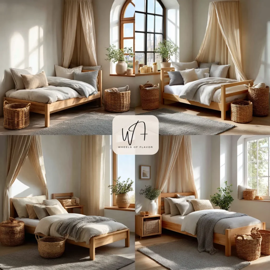 Japandi kids room with neutral tones and natural materials