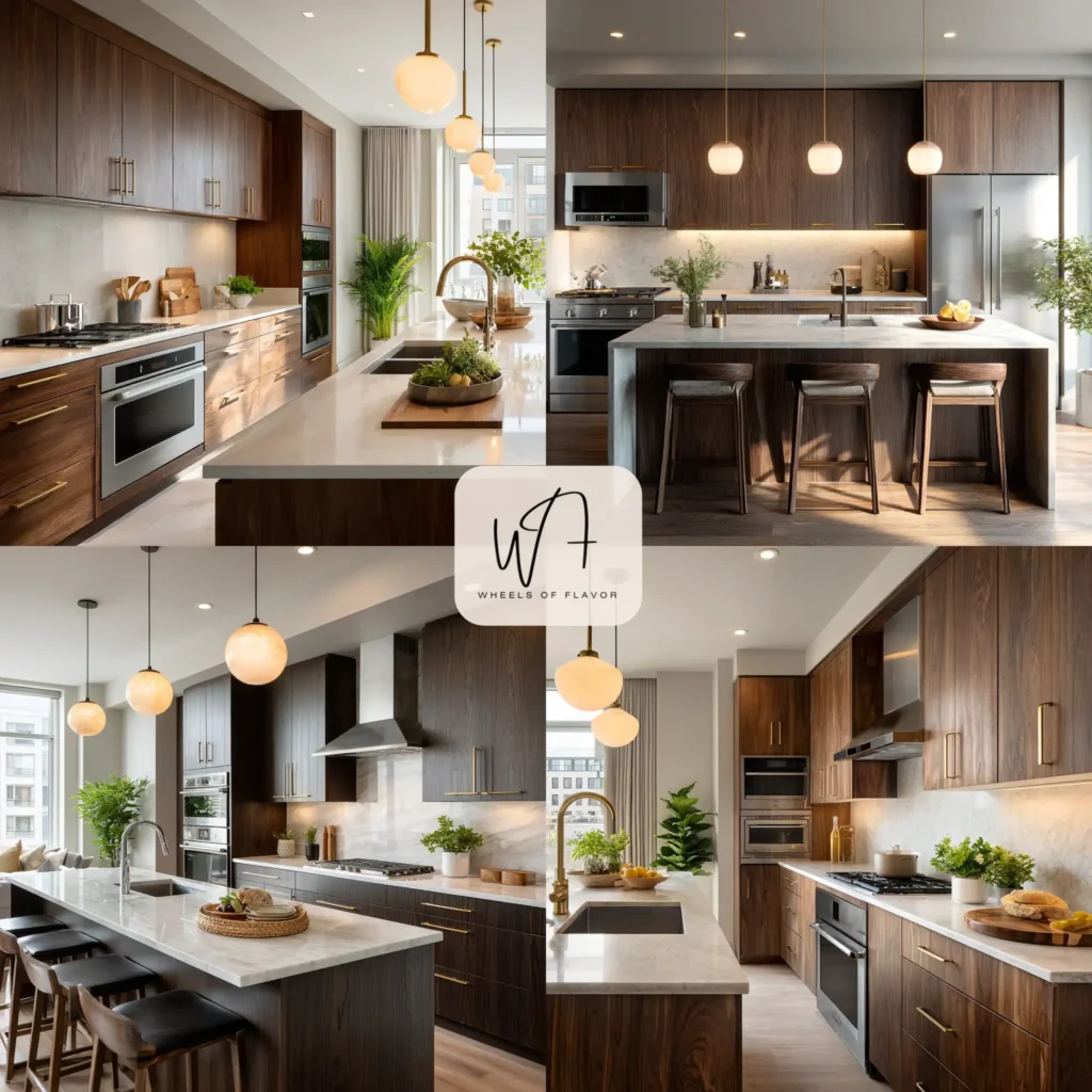 Modern kitchen with dark walnut kitchen cabinets and quartz countertops