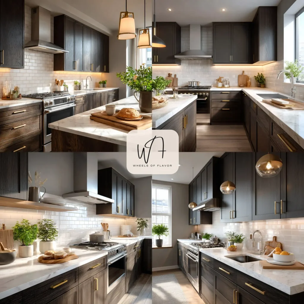 Modern kitchen with dark stained kitchen cabinets, white quartz countertops, and a white subway tile backsplash.