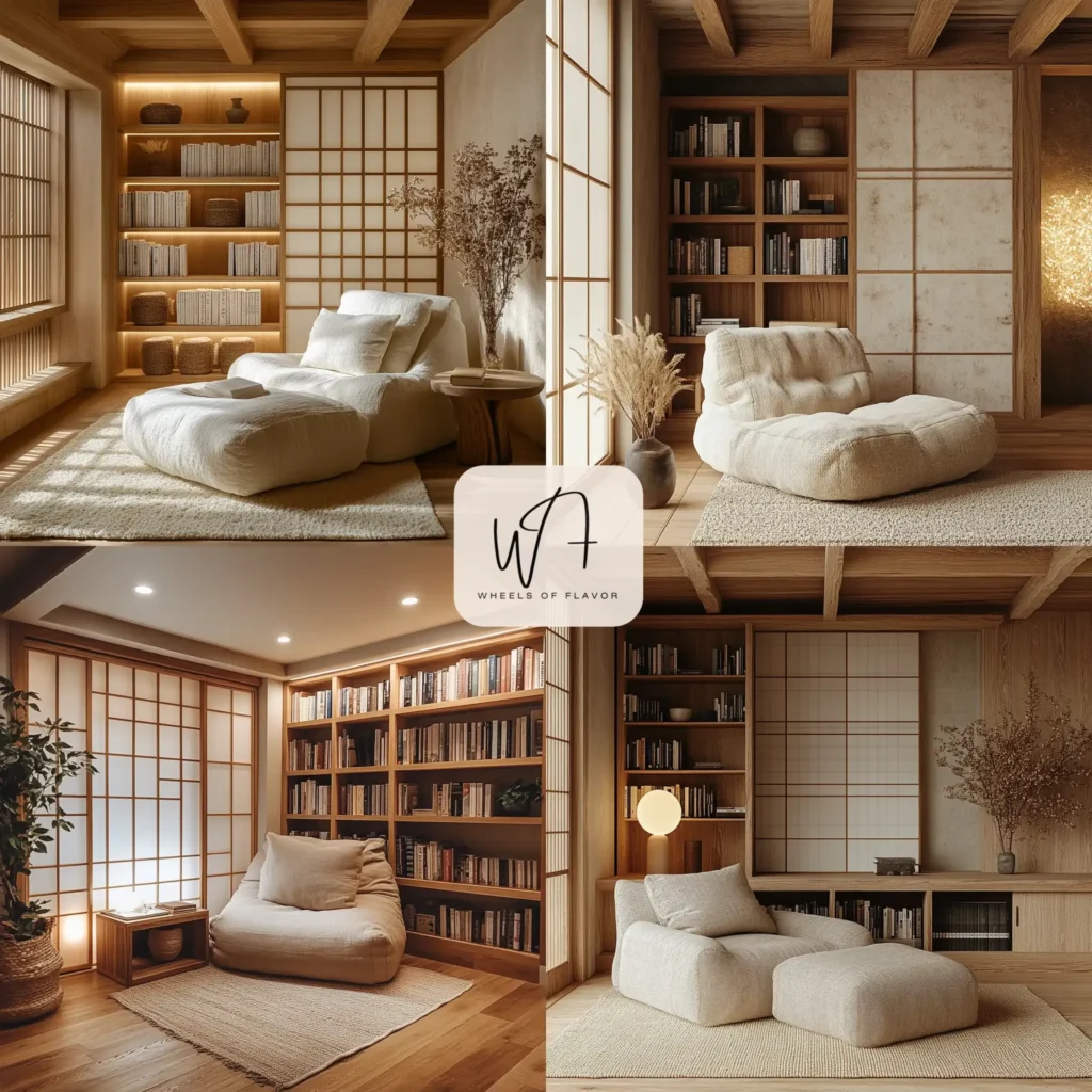Cozy Japandi basement remodel with a minimalist reading nook and natural wood accents