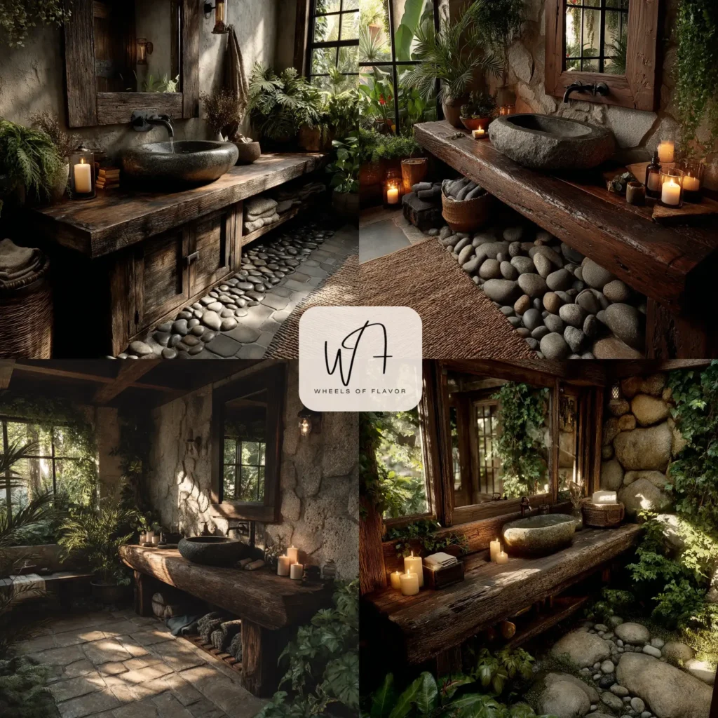 Wooden vanity and stone tiles creating cabin bathroom serenity