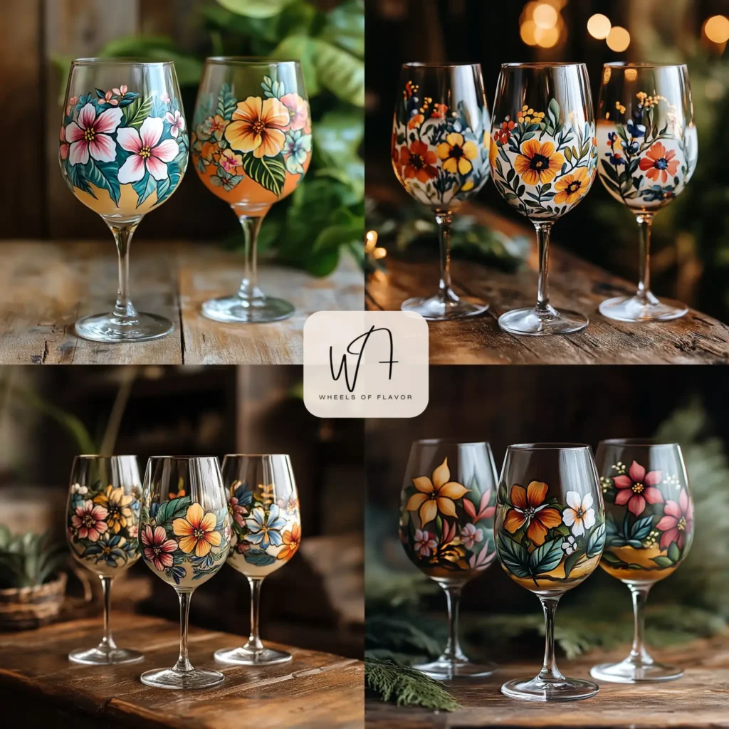 Hand painted wine glasses with floral and coastal designs on a rustic table